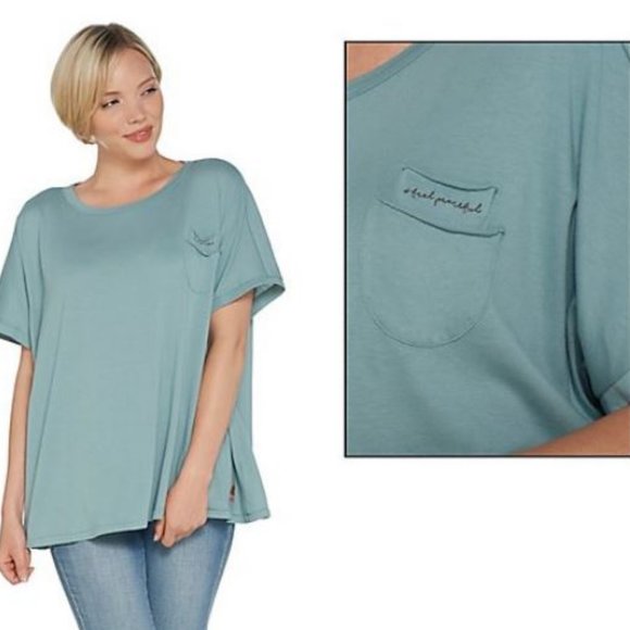 Peace Love World Short Slv Dolman Tee Chest Pocket - Picture 3 of 4